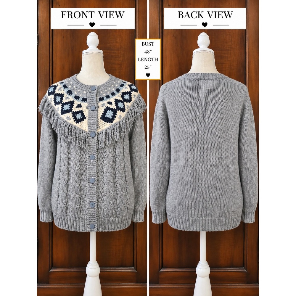 Backroad Blues Vintage 90s Western Fringe Fair Isle Hand‎ Knit Cardigan 20W